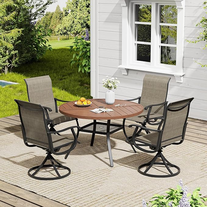 VICLLAX 5 Pieces Outdoor Dining Set, Patio Furniture Set of 4 Patio Swivel Dining Chairs and 40.6" Patio Spliced Round Tabletop with Storage Shelf, Mixed Brown Chairs & Walnut Tabletop