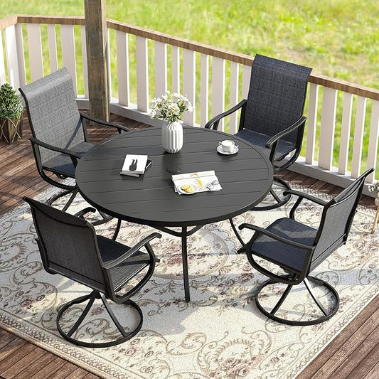 VICLLAX Patio Dining Set for 4, 5 Pieces Outdoor Furniture Includes 40.6" Round Patio Table with Umbrella Hole and 4 Outdoor Swivel Chairs for Lawn Garden, Black Table and Dark Grey Chairs