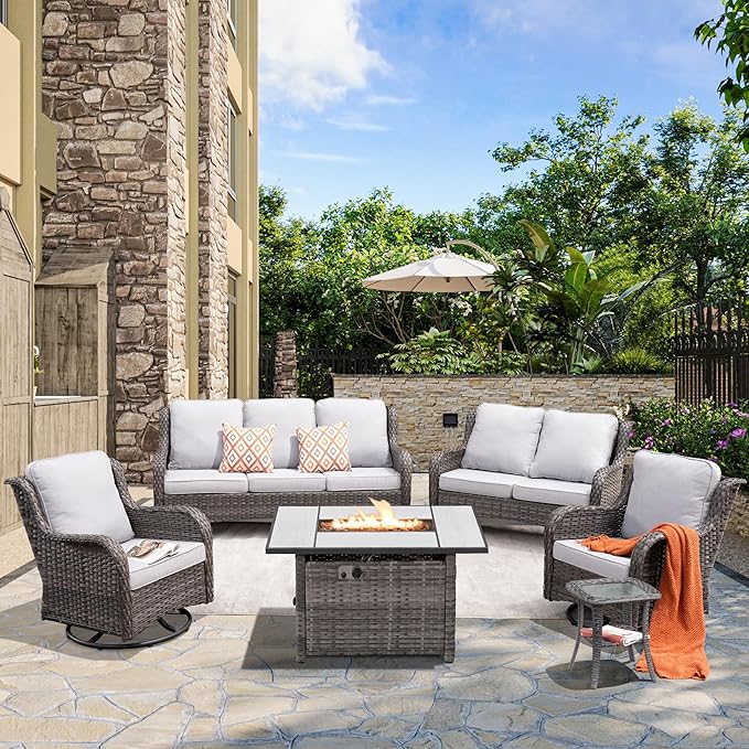 HOOOWOOO Patio Outdoor Furniture with Large Fire Pit Table,High Back 6 Piece Wicker Patio Conversation Set with Swivel Chairs,7 Person Couch Sofa Seating,Light Gray