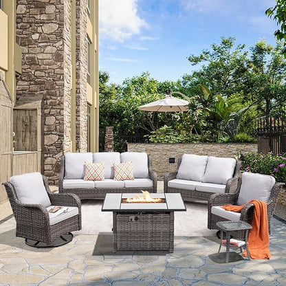 HOOOWOOO Patio Outdoor Furniture with Large Fire Pit Table,High Back 6 Piece Wicker Patio Conversation Set with Swivel Chairs,7 Person Couch Sofa Seating,Light Gray