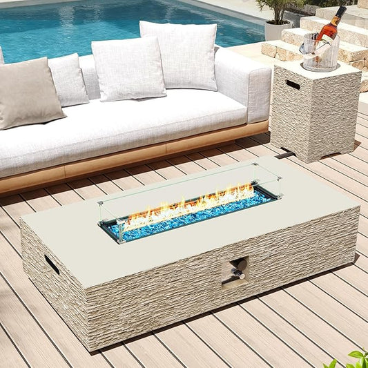 UPHA 56-inch Outdoor Propane Gas Fire Pit Table 50000 BTU Concrete Rectangle FirePit for Outside Patio with Propane Tank Cover, Wind Guad, Blue Glass Rocks, Rain Cover, Beige Texture