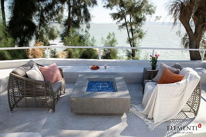 Elementi+ | Victoria Gas Fire Pit Cast Concrete 40" Square Fire Table, Outdoor Fire Pit Electronic Ignition | Canvas Cover, Fire Glass and Burner Lid Included | Light Gray | Propane Gas