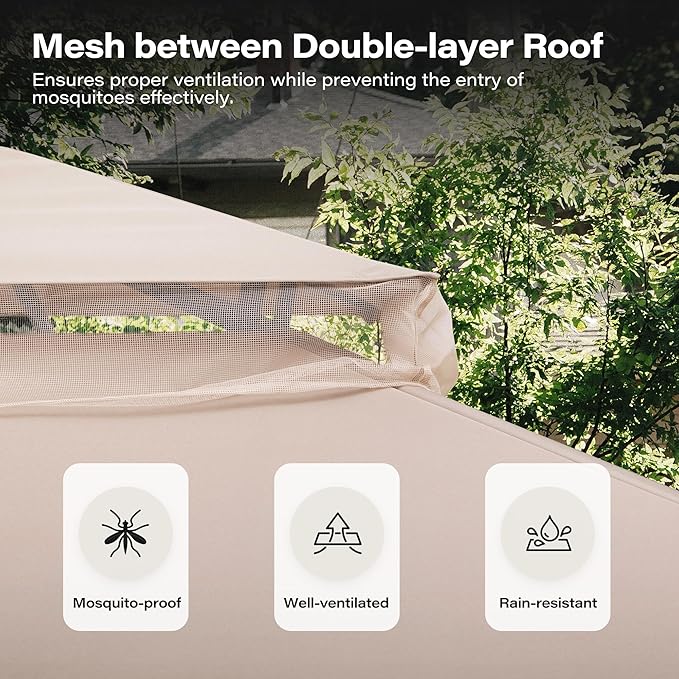 Outdoor Patio Gazebo 10FT, Heavy Duty Party Tent & Shelter with 2-Tier Roof and Expansion Bolts, Mosquito Nettings and Privacy Screens for Backyard, Garden, Poolside, Khaki