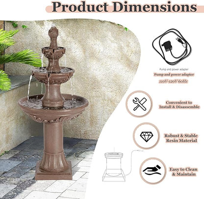 MAGIC UNION Outdoor Garden Water Fountains, 48.4''H Italian Style Fountain and Waterfall Outside, 3-Tier Large Bubbler Cascading Indoor Floor Fountain Features with Pump for Home Yard Decor (Brown)