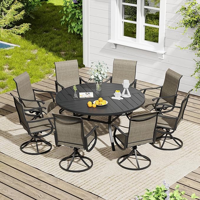 VICLLAX 9 Pieces Outdoor Dining Set, Patio Furniture Set of 8 Patio Swivel Dining Chairs and 60" Patio Spliced Round Tabletop, Mixed Brown Chairs & Black Tabletop