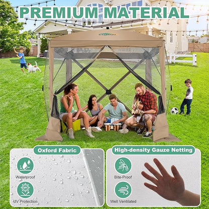 COBIZI 6x6 Pop up Gazebo Tent on Clearance, Ez up Waterproof Screen Tent Screen House with 3 sidewalls,Portable Outdoor Canopy with Carry Bag & Ground Stakes for Camping,Garden and Picnics, Khaki