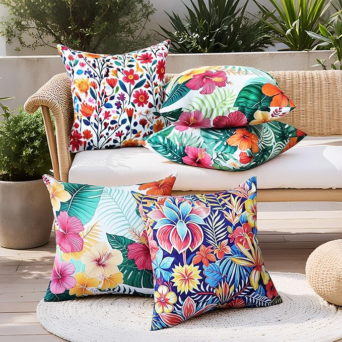 Outdoor Pillow Covers 18x18 Inch Set of 2 Tropical Floral Plants Boho Throw Pillows Cases Waterproof Square Garden Cushion Sham for Patio Funiture Balcony Bench Sofa Couch, Yellow & Red
