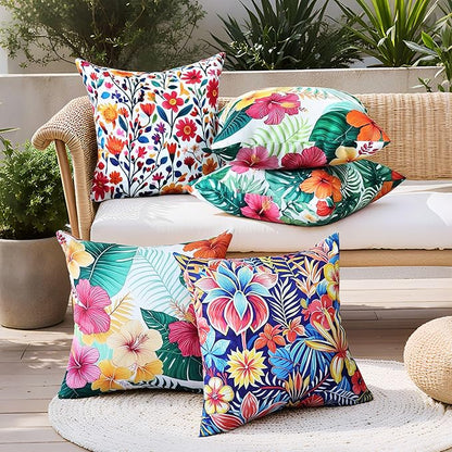 Outdoor Pillow Covers 18x18 Inch Set of 2 Tropical Floral Plants Boho Throw Pillows Cases Waterproof Square Garden Cushion Sham for Patio Funiture Balcony Bench Sofa Couch, Yellow & Red