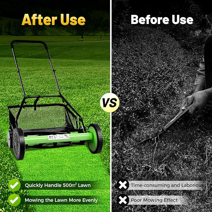 20 Inch 5-Blade Push Reel Lawn Mower, Cordless Manual Lawn Mower with Grass Catcher, Adjustable Cutting Height, Walk-Behind Lawn Mowers for Yard, Garden