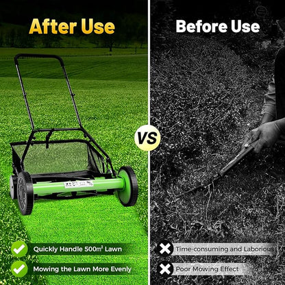 20 Inch 5-Blade Push Reel Lawn Mower, Cordless Manual Lawn Mower with Grass Catcher, Adjustable Cutting Height, Walk-Behind Lawn Mowers for Yard, Garden