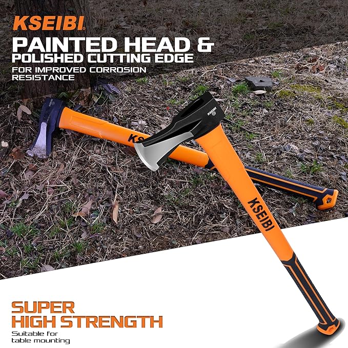 KSEIBI 36-Inch Splitting Axe - Forged Carbon Steel, Wood Splitter & Kindling Axe for Chopping, Heavy-Duty Maul with Ergonomic Fiberglass Handle, Shock Reduction, Anti-Slip Grip