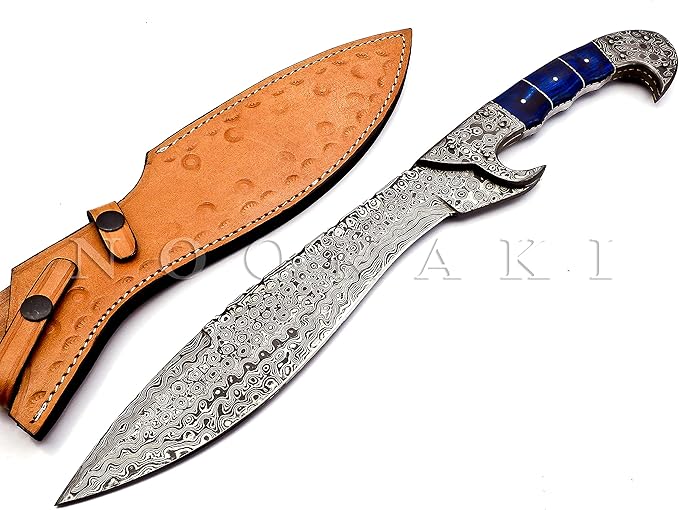 Nooraki - 18 inches Handmade Damascus Steel Machete/Kukri Knife, Bushcraft Knife, Hunting Knife, Camping Knife, Collectors Knife, Full Tang Handle With Leather Sheath - MK-310