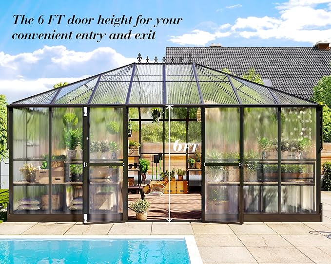 Jocisland 16x12x9.5 FT Polycarbonate Greenhouse- 6 FT Wall Height Outdoor Aluminum Greenhouses with 2 Ventilation and Rain Gutter, Double Doors with Hook, Walk-in Greenhouse for Backyard Garden
