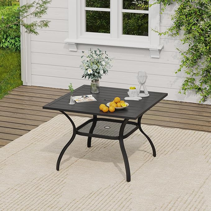 VICLLAX 5 Pieces Outdoor Dining Set, Patio Furniture Set of 4 Patio Swivel Dining Chairs and Square Patio Table with Storage Shelf, Navy Blue Chairs & Black Tabletop