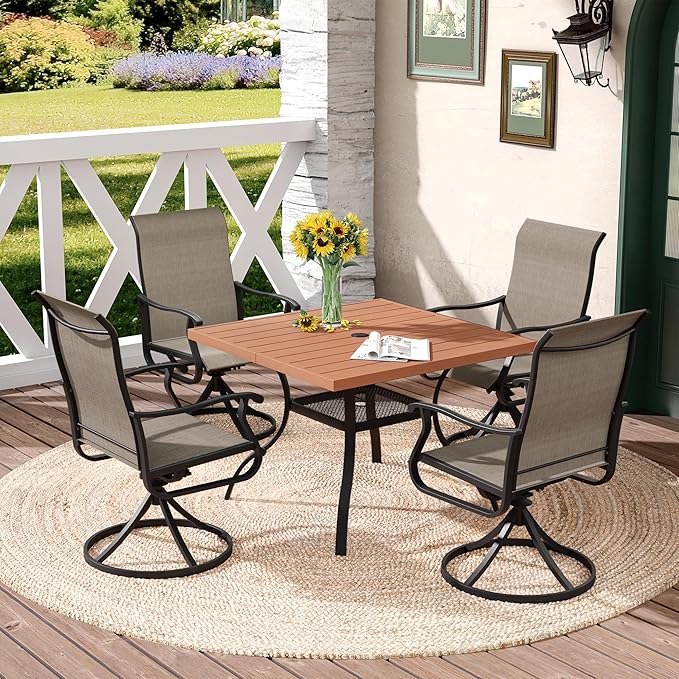 DIFY Outdoor Patio Dining Table for 4, 38.6" Square Patio Table with All-Weather Faux Wood Tabletop and Metal Steel Frame, Outside Table for Garden Porch Backyard, Walnut
