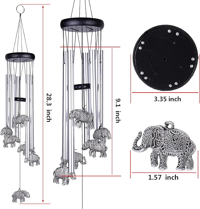 Outdoor Elephant Wind Chimes Indoor Decor - Pure Hand-Made Mobile Romantic Windcatcher 28" Elephant Wind Chime for Home, Xmas, Gift for Mom, Balcony, Patio, Garden Decoration(5 Tubes, 6 Elephants)