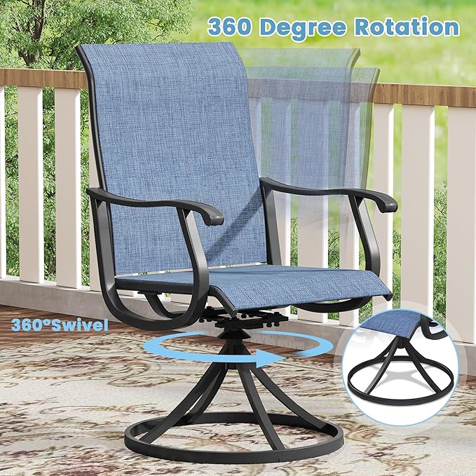 DIFY 7 Pieces Outdoor Patio Dining Set, 6 Blue Textilene Swivel Dining Chairs and 47.2" Black Round Metal Dining Table, Outdoor Table and Chairs