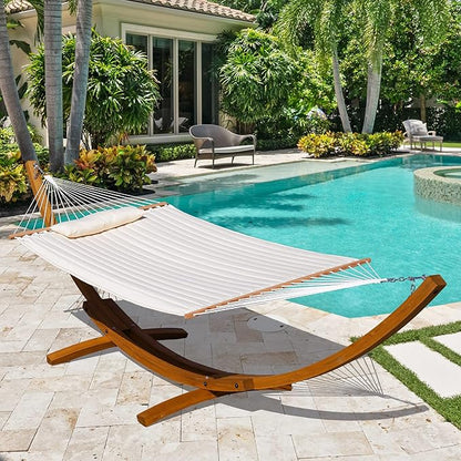 Lazy Daze Hammocks 12 FT Double Quilted Fabric Hammock and 13 FT Brown Wood Arc Stand, with Spreader Bar, Removable Pillow, 2 Person Hammock for Outdoor Patio Poolside, 450 lb Capacity, Brown
