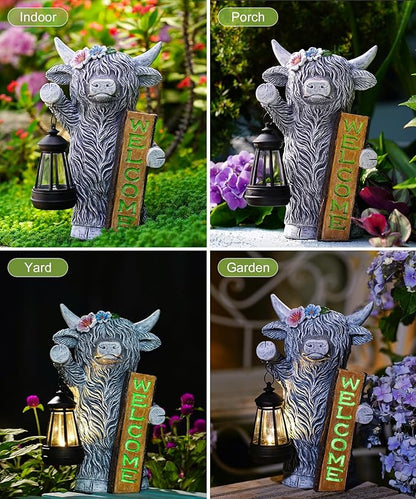 Nacome Highland Cow Garden Statue for Decor: Outdoor Sculpture with Solar Lantern and Welcome Sign for Outside Ornament Yard Art Lawn Porch Patio Balcony - Birthday Gifts for Women Mom(Gray)