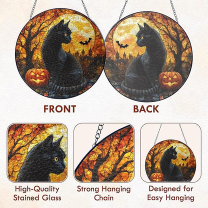 FLAGWIX Halloween Decorations Indoor - Stained Glass Window Hanging 8 in - Black Cat Gifts for Women Men, Witchy Gifts for Cat Lovers, Halloween Sun Catchers Indoor Window, Fall Decorations for Home