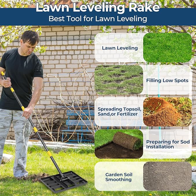 Professional Lawn Leveling Rake with 17x10in Heavy-Duty Stainless Steel Head & 60" Adjustable Handle - Grass Leveling Tool for Quick Soil Grading, Thatch Removal and Yard Maintenance