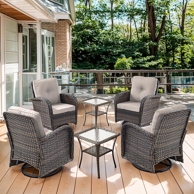 Outdoor Swivel Glider Rocker Chairs Set of 4 - Wicker Patio Furniture Set All Weather Patio Conversatio Sets with 2 Tempered Glass Side Table for Deck Backyard - Brown Wicker Beige Cushion