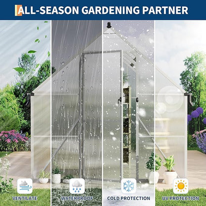 8X10 ft Polycarbonate Greenhouse with Aluminum Frame, Polycarbonate Greenhouse for Outdoors, Greenhouses with Ventilation and Rain Gutter, Aluminum Large Walk-in Greenhouses for Outside
