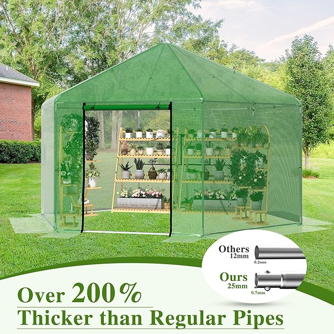 MU 13.4x13.4x8.8 FT Greenhouses for Outdoors, Heavy-Duty Green House for Outside, Walk in Winter Greenhouse with 180g Double Layer PE Cover, Ground Stakes, Great for Garden/Patio/Backyard