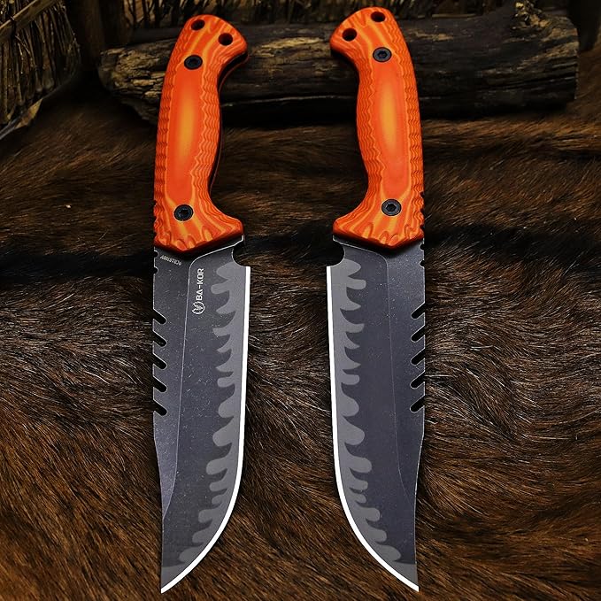 BA-KOR 12.4in Full Tang Fixed Blade Hunting Knife – 6mm 9CR18MoV Steel, G10 Handle, Stonewashed Sawback Blade with Kydex Sheath & Fire Starter for Outdoor, Camping, Survival (Orange with light yellow stripes)