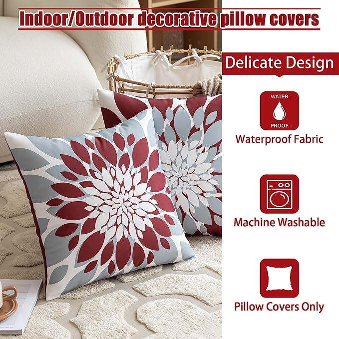 Qahing Pack of 4 Outdoor Waterproof Pillow Covers 22x22 Decorative Outdoor Throw Pillows Garden Square Cushion Cases for Patio Furniture, Couch, Tent Sunbrella, Bench, Burgundy Red Grey