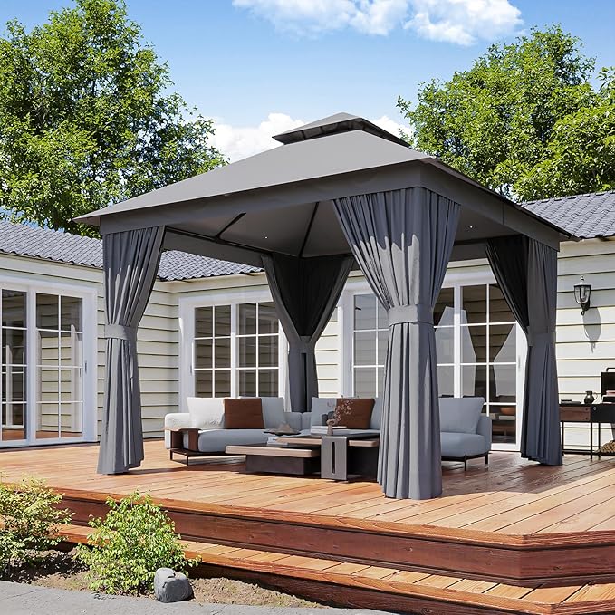 Outdoor Gazebo Metal Frame Patio Pergola Double Roofs Patio Canopy with Double-Layer Door and Mosquito Netting for Deck, Backyard, Lawn (Grey, 10x10FT)