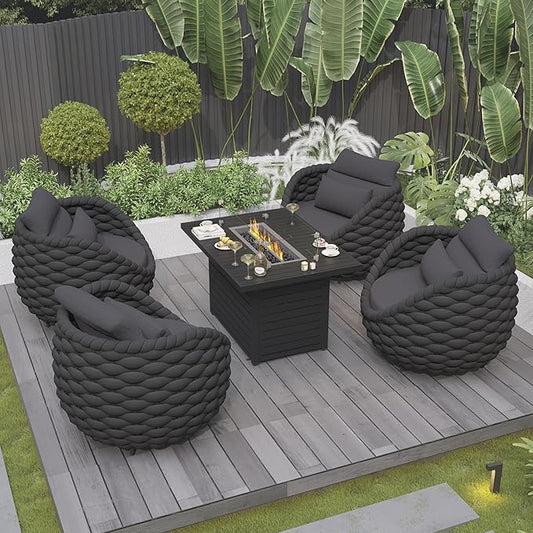 4 Pcs Patio Rope Accent Chair: Aluminum Single Lounge Armchair - Large Woven Chair Cushioned - Modern Arm Chair Assembled for 400lbs Outdoor Lanai Deck Balcony Porch Yard Garden Hotel, Dark Gray