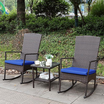 Rocking Chair Outdoor 3 Pieces High-Backed Patio Rocking Chairs Bistro Table and Chairs Set of 2, Royal Blue