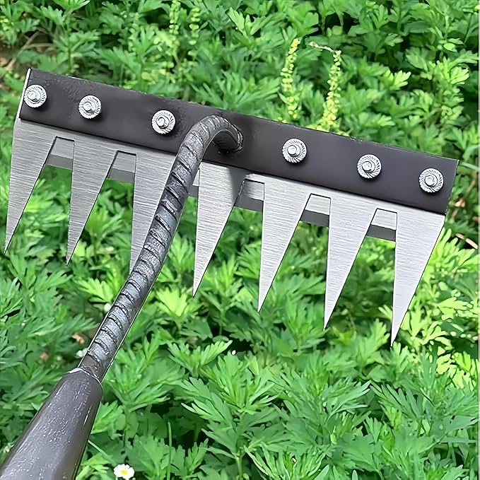 Gardenia Iron Weeding Rake, Iron Rake 2.0 for Gardening and Weeding, Detachable Double-Edged Blade Design Carbon Steel Heavy-Duty Weed Rakes,Hand Weed Puller Tools for Lawn Yard Garden Farm(8 teeths)