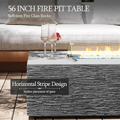 UPHA 56-inch Outdoor Propane Gas Fire Pit Table 50000 BTU Concrete Rectangle FirePit for Outside Patio with Propane Tank Cover, Wind Guad, Blue Glass Rocks, Rain Cover, Grey Horizontal Stripe