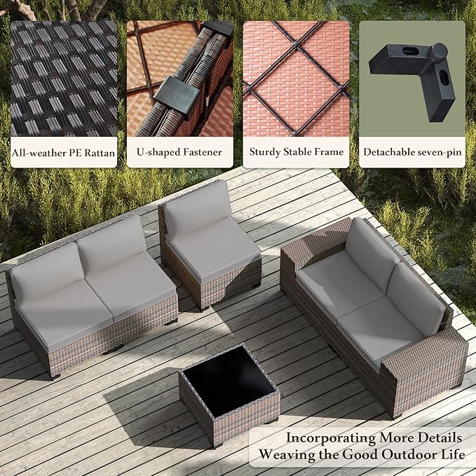 Outdoor Patio Furniture Set with Propane Fire Pit Table, 7 Pieces Outdoor Furniture Patio Sectional Sofa Conversation Sets w/ETL Approved 43" Gas Outdoor Fire Table & Coffee Table (Grey)