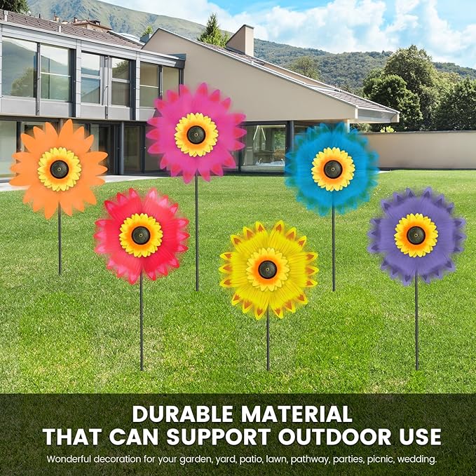 6PCS Sunflower Wind Spinners with Stakes 14" W x 29" H Wind Spinners Lawn Pinwheel Sunflower Windmill Outdoor Multicolor Pinwheels for Yard Decoration
