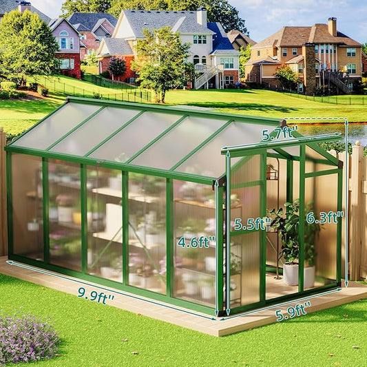 6x10 FT Polycarbonate Greenhouse with Roof Vent - Large Aluminum Walk-in Greenhouse Kit for Gardening, Backyard, Patio, Lawn - Easy Assembly