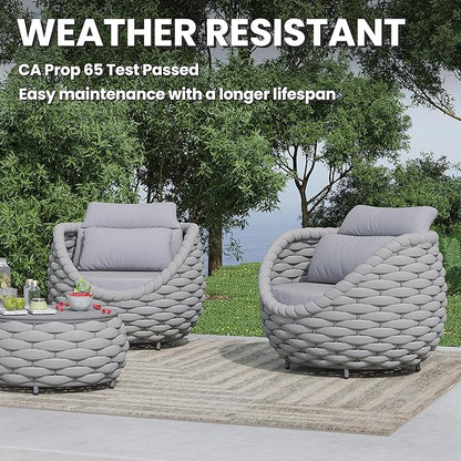 6 PCS Patio Deck Accent Chair: Large Woven Rope Chair Cushioned - Aluminum Modern Single Lounge Armchair Assembled - All Weather Outdoor Seating for 400lbs Lanai Balcony Porch Garden Hotel, Gray