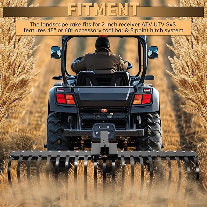 KUAFU 60 Inch Landscape Rake Pine Straw Rake Tractors Rake Fit for 2 Inch Receiver ATV UTV SxS Features 48" or 60" Accessory Tool Bar & 3 Point Hitch System Powder Coated Steel