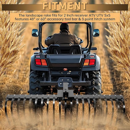 KUAFU 60 Inch Landscape Rake Pine Straw Rake Tractors Rake Fit for 2 Inch Receiver ATV UTV SxS Features 48" or 60" Accessory Tool Bar & 3 Point Hitch System Powder Coated Steel