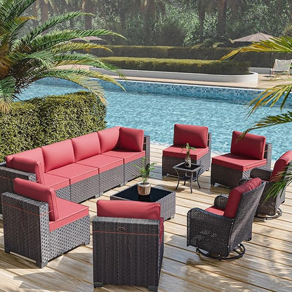 12 Pcs Outdoor Patio Furniture Set Outdoor Furniture All Weather Patio Sectional Sofa PE Wicker Modular Conversation Set with Coffee Table, Swivel Rocking Chair Red