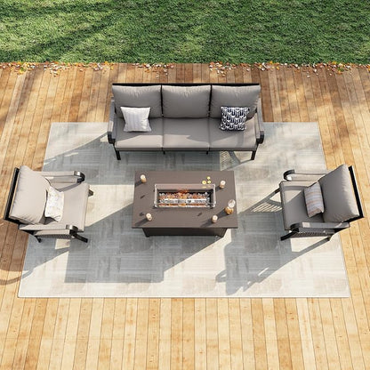 4 Pieces Outdoor Patio Conversation Sets with All Weather Cushions, Metal 3-Seater, 2 Single Chairs, 1 Fire Pit Table for Backyard Deck Porch Poolside, Beige