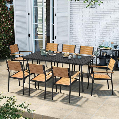 Outdoor Dining Table for 6-8, 82.7 inch Patio Dining Table with Wooden-Like Top and Aluminum Frame, Rectangular Table with Umbrella Hole Outdoor Furniture, Only Table, Black