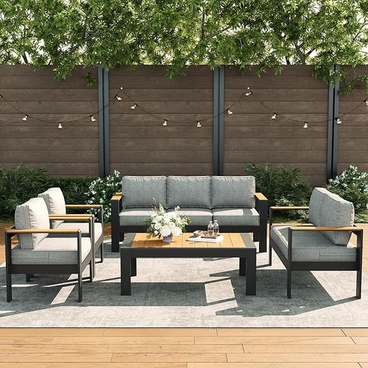LayinSun 5 Piece Aluminum Outdoor Furniture Set with Coffee Table, Outside Patio Deep Seating Conversation Set with Upgraded Washable Thick Cushion