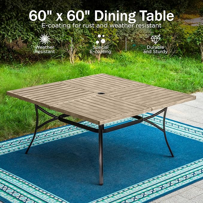 PHI VILLA 9 Pieces Square Outdoor Dining Set for 8, 60” Wood-Like Large Metal Steel Dining Table & Rattan Wicker Chairs with Cushions, Dining Furniture Set for Patio, Deck, Yard, Porch