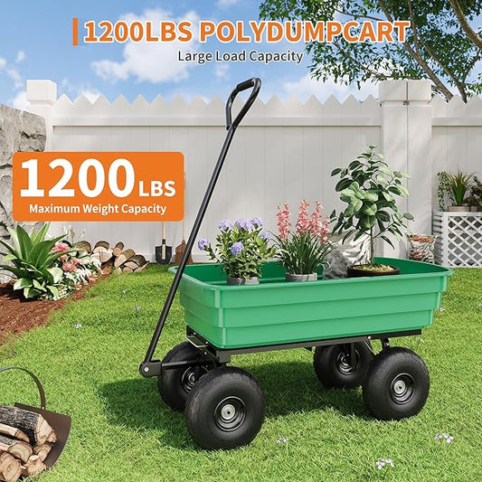 6 Cu.Ft. 1200Lbs Garden Cart Dump Wagon, Heavy-Duty 4 Wheel Wheelbarrow Yard Cart with 13-Inch All-Terrain Wheels, Features A Quick-Release Tipping Function, for Courtyards, Farm and Gardening