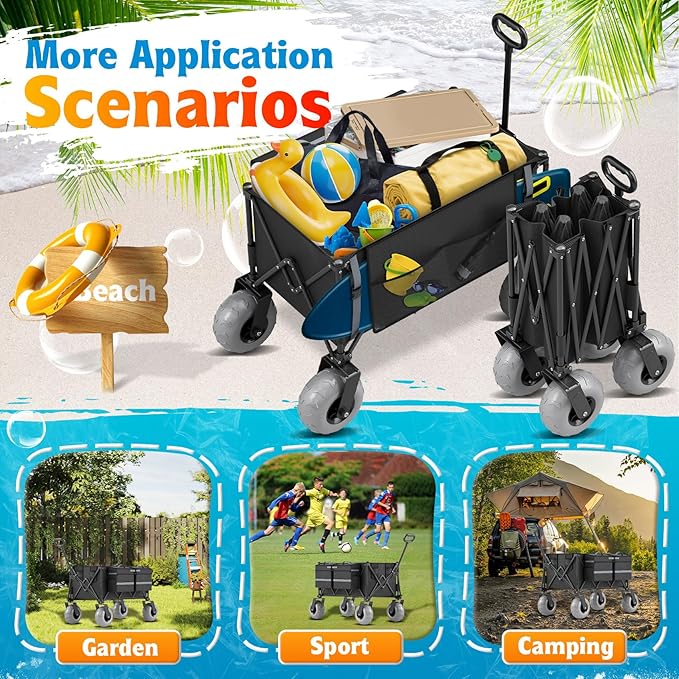 Heavy Duty Beach Wagon with 9" Big Wheels for Sand - 450lbs Load Foldable Wagon with Adjustable Handle & Cooler Bag, Collapsible Beach Cart for Shopping Garden Sports Camping Outdoor