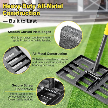 Lawn Leveling Rake, Heavy Duty 17" x 10" Stainless Steel Lawn Leveler for Soil Dirt Leveling Spreading,72" Adjustable Long Handle,Golf Field,Lawn,Tight Spot Landscaping Tool,Ground Leveler for Yard