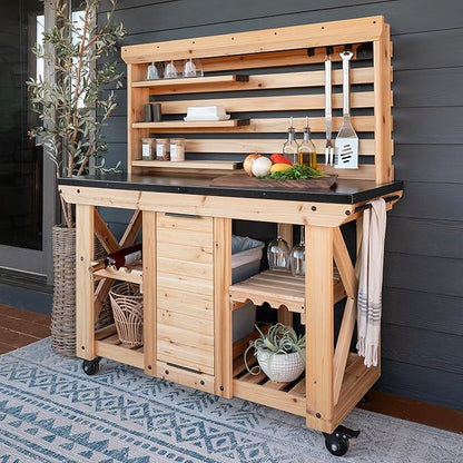 Backyard Discovery 48" Cedar Wood Buffet Hutch Serving Station with Galvanized Steel Countertop, Wine Rack, Wine Glass Rack, Trash Bin, Modular Shelves, Towel Bar, Drink and Food Prep, Indoor/Outdoor